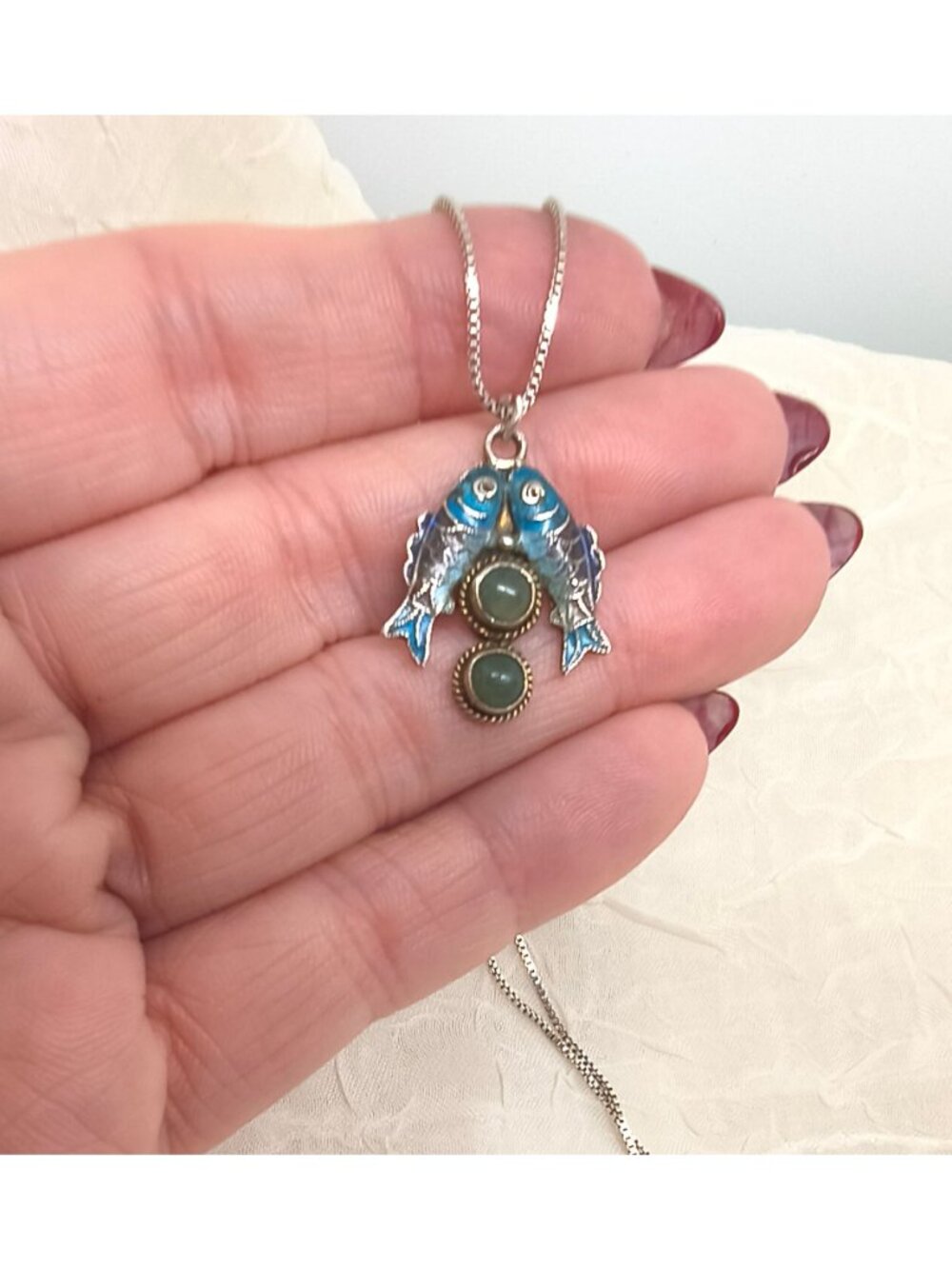 Sterling Silver Kissing Koi Pendant with Blue Cloisonné Enamel & 925 Box Chain - Picture 7 of 8